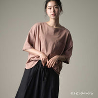 綿麻カット ポケット付きラウンドヘム半袖Tシャツ　2020新作