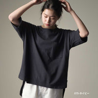 綿麻カット ポケット付きラウンドヘム半袖Tシャツ　2020新作